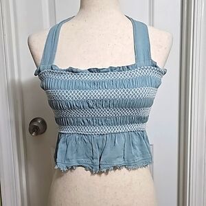 Bae Vely Boho Ruffled Smocked Crop Neck Tie Top Size M Summer Festival